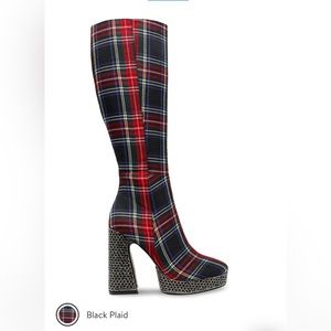 Betsey Johnson Valeria Tall Platform Boot Plaid Rhinestone Christmas sparkly 9.5